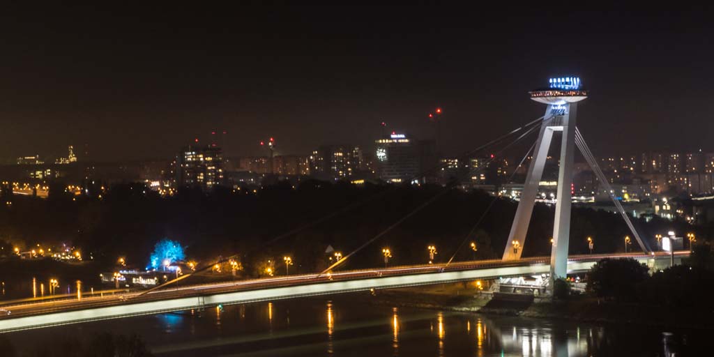 The SNP Bridge and UFO restaurant in Bratislava, Slovakia